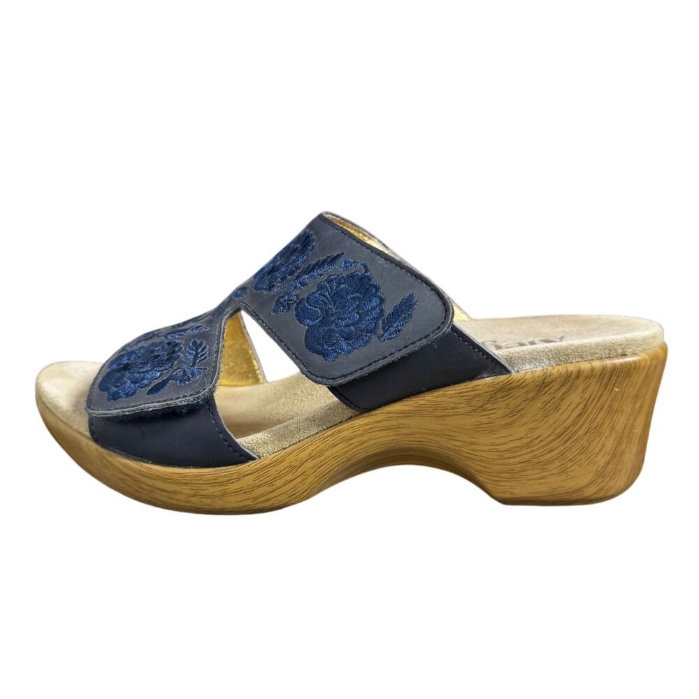 Alegria Navy Blue Embroidered Wedge Slide Sandals 8
